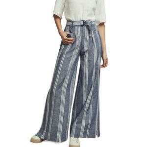 Anthropologie Womens Beachy Wide Leg Pants Linen Blend Blue White Striped